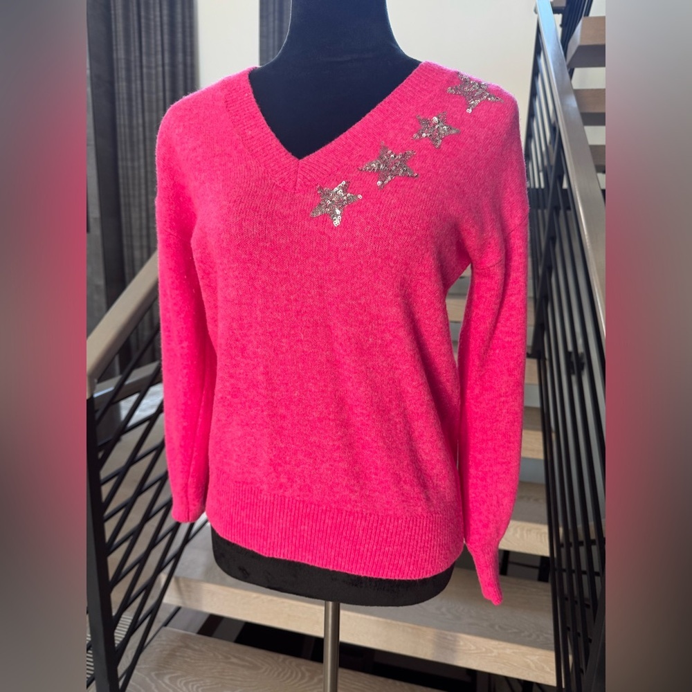 New LOFT Pink V-Neck Sweater with Silver Star Accents size XS - Picture 3 of 5